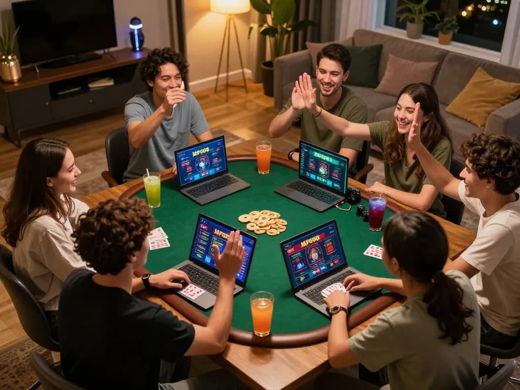MPO08 online poker game night with friends celebrating winning hands and enjoying drinks.