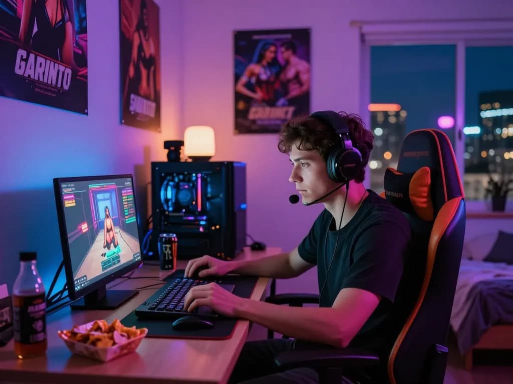 Engaged gamer playing porngames in a vibrant bedroom with LED lighting.
