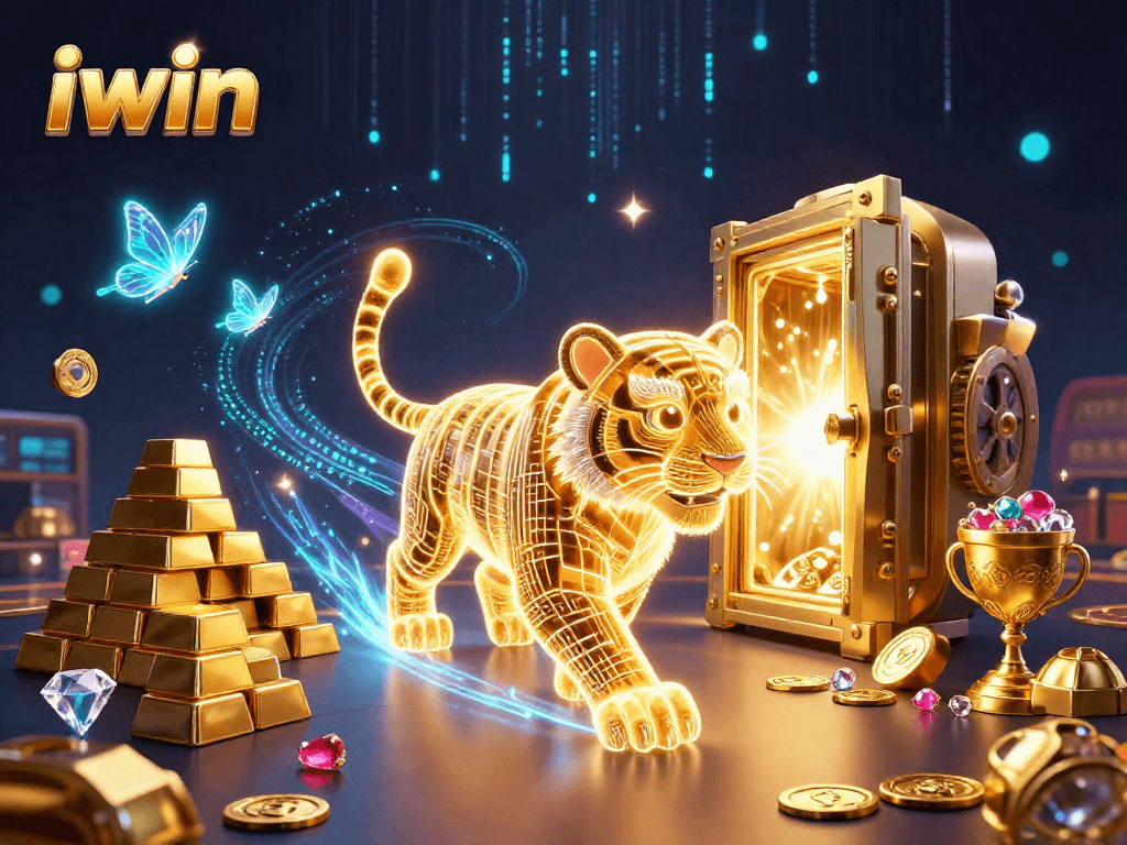 Iwin unleashes excitement with a golden tiger roaming a dynamic casino landscape filled with treasures.