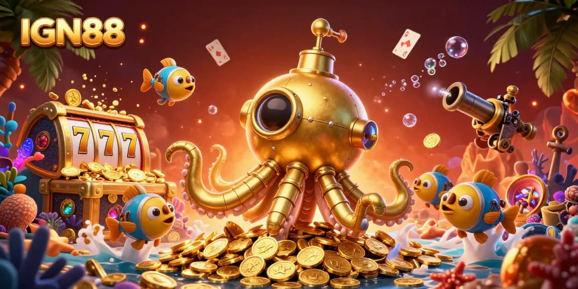 Experience the thrill of IGN88 with a golden kraken submarine amidst treasure and slot elements.