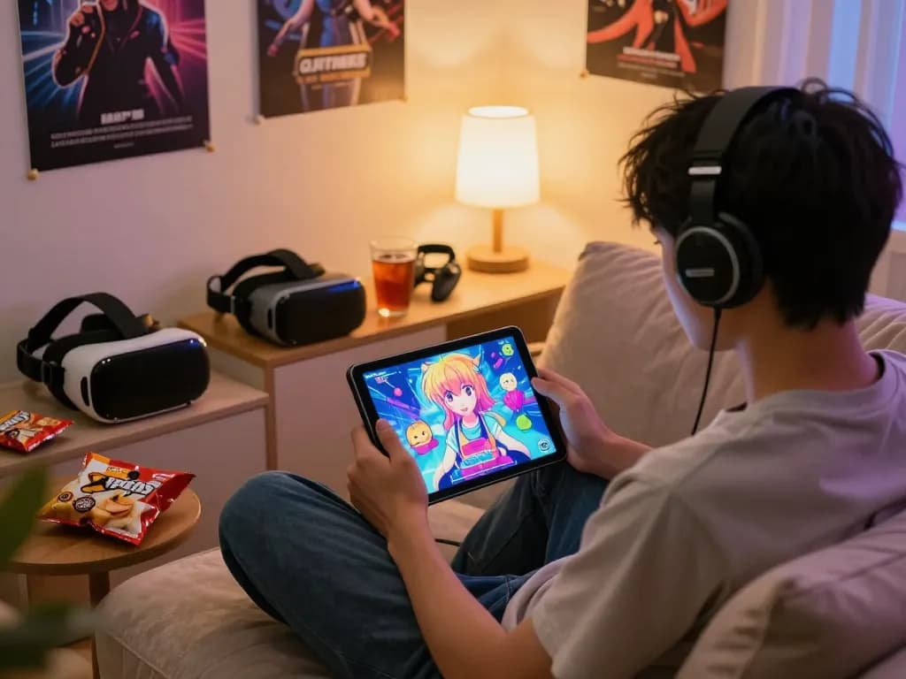 Person enjoying porngames on tablet in cozy gaming environment