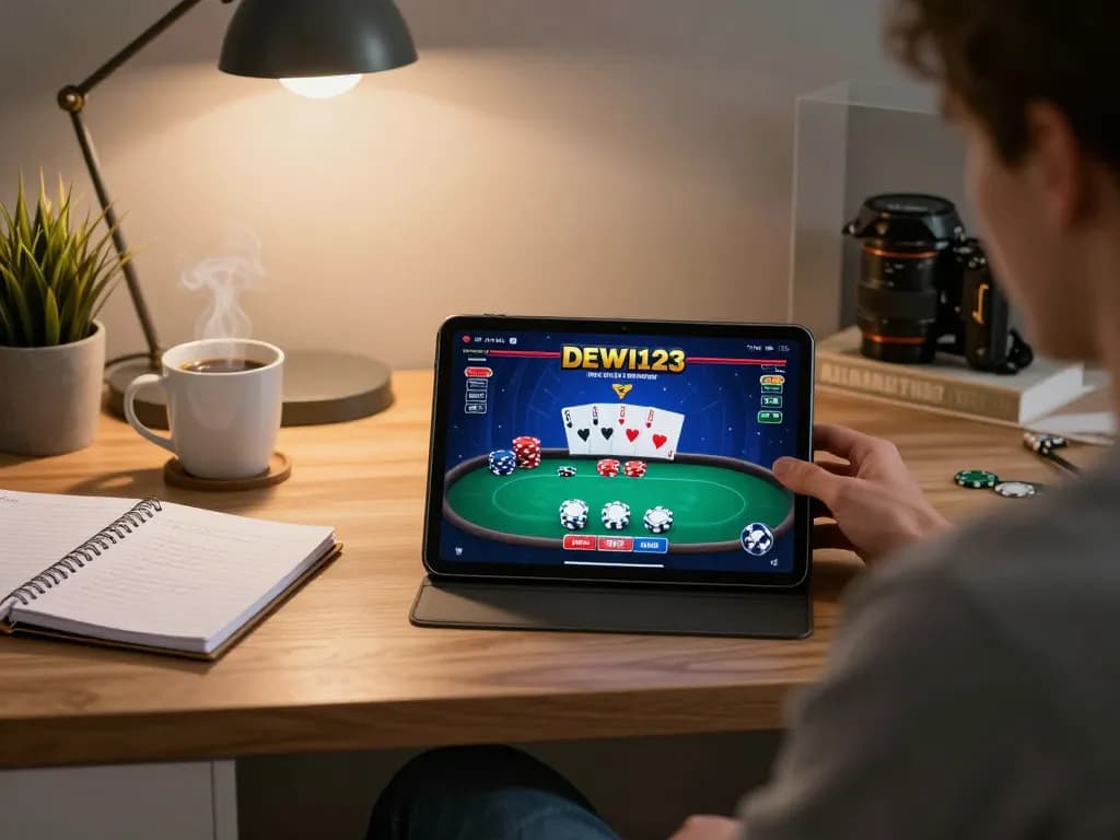 Pemain merencanakan strategi saat bermain di aplikasi poker DEWI123 melalui tablet di kantor rumah yang nyaman.