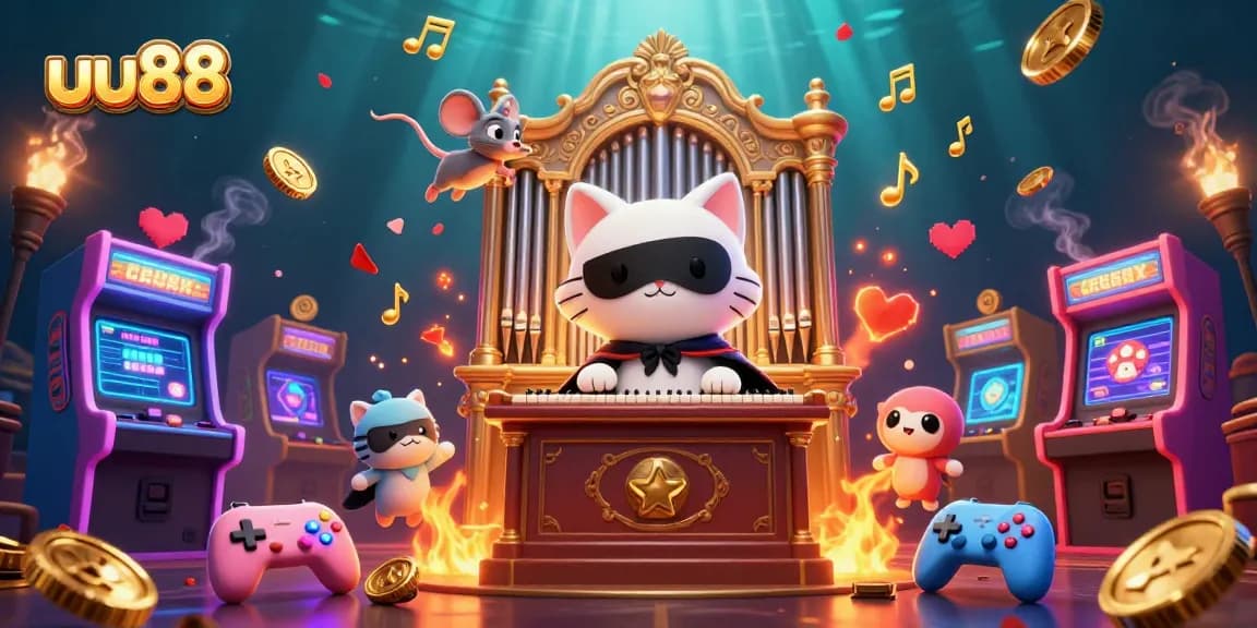 Experience thrilling gameplay at uu88 with a dynamic casino scene featuring charming characters and arcade elements.