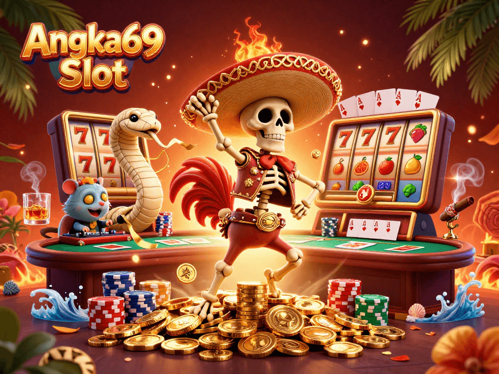 Spin to win with Angka69 Slot in a vibrant 3D casino celebration scene.
