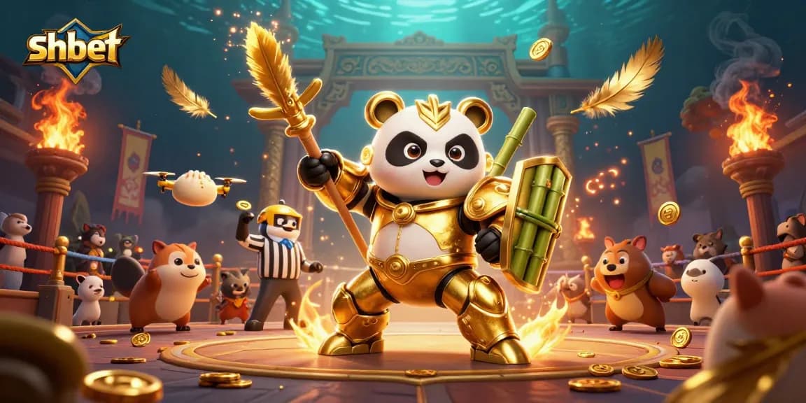 Join shbet's exciting online gaming realm with a dynamic golden panda robot battle scene
