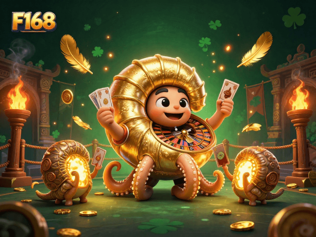 Experience excitement at F168 with vibrant characters, a roulette shell, and golden casino elements.