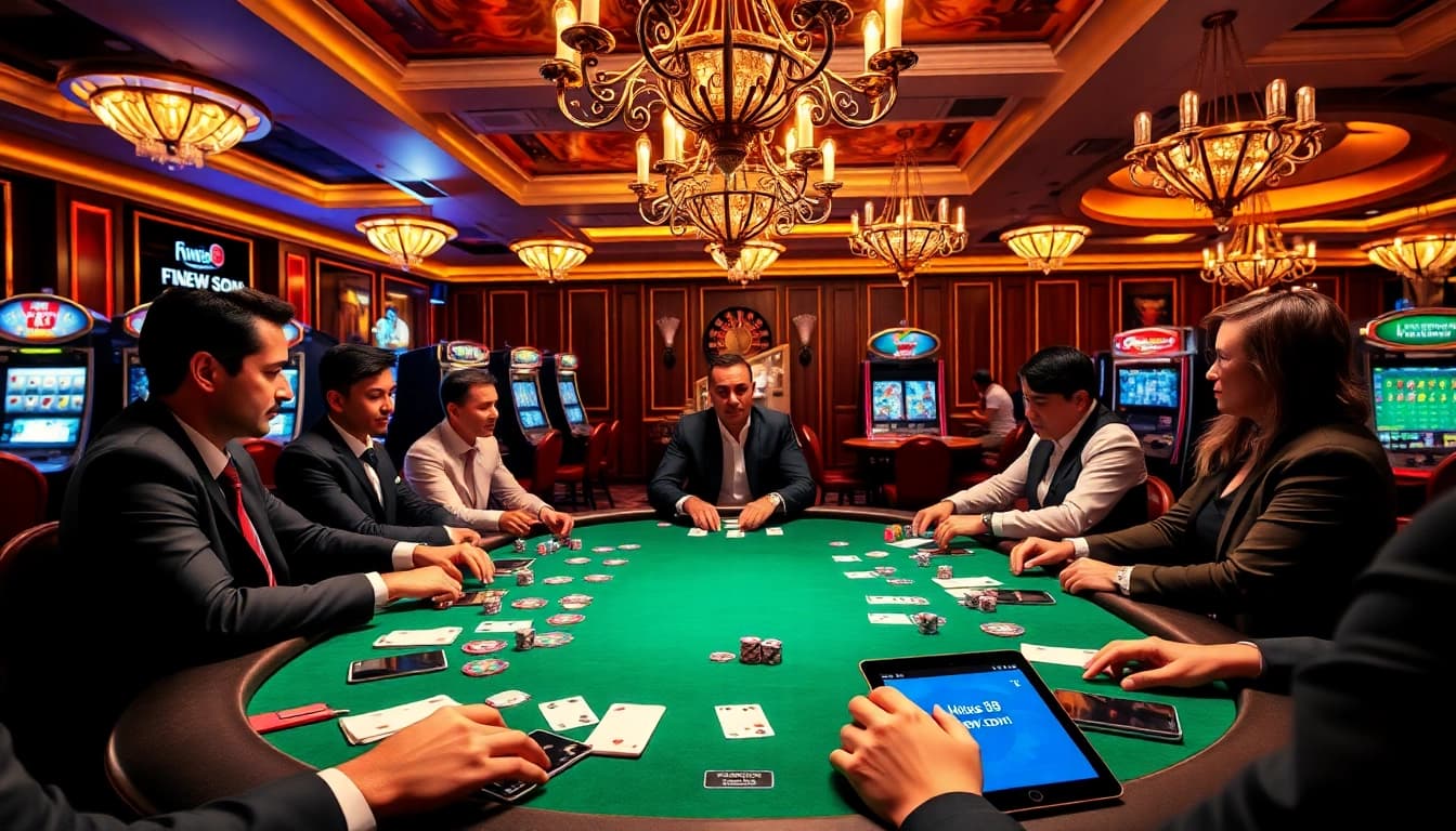 Players enjoy an exciting poker game at a luxurious casino table at https://fnew88.com/ with vibrant atmosphere and chips.