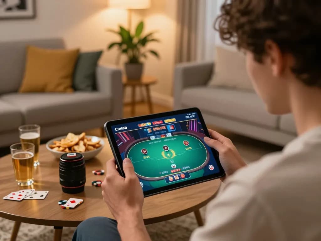 Person engaged in online poker game on tablet, highlighting strategic gameplay related to SC 88