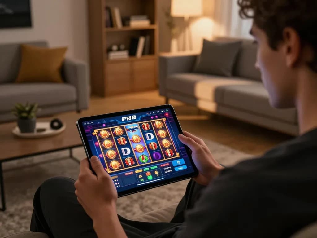 Player enjoying F168 casino app on a tablet in a cozy living room, preparing to spin exciting slots
