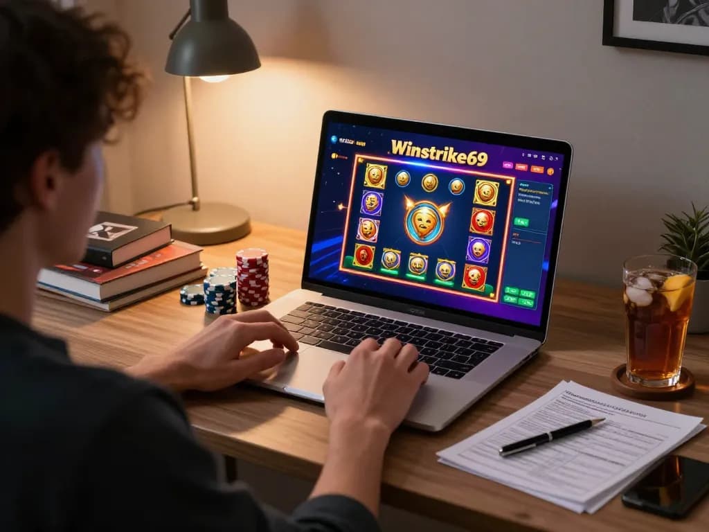 Winstrike69 online casino gaming with laptop and vibrant slot game interface in cozy home setting