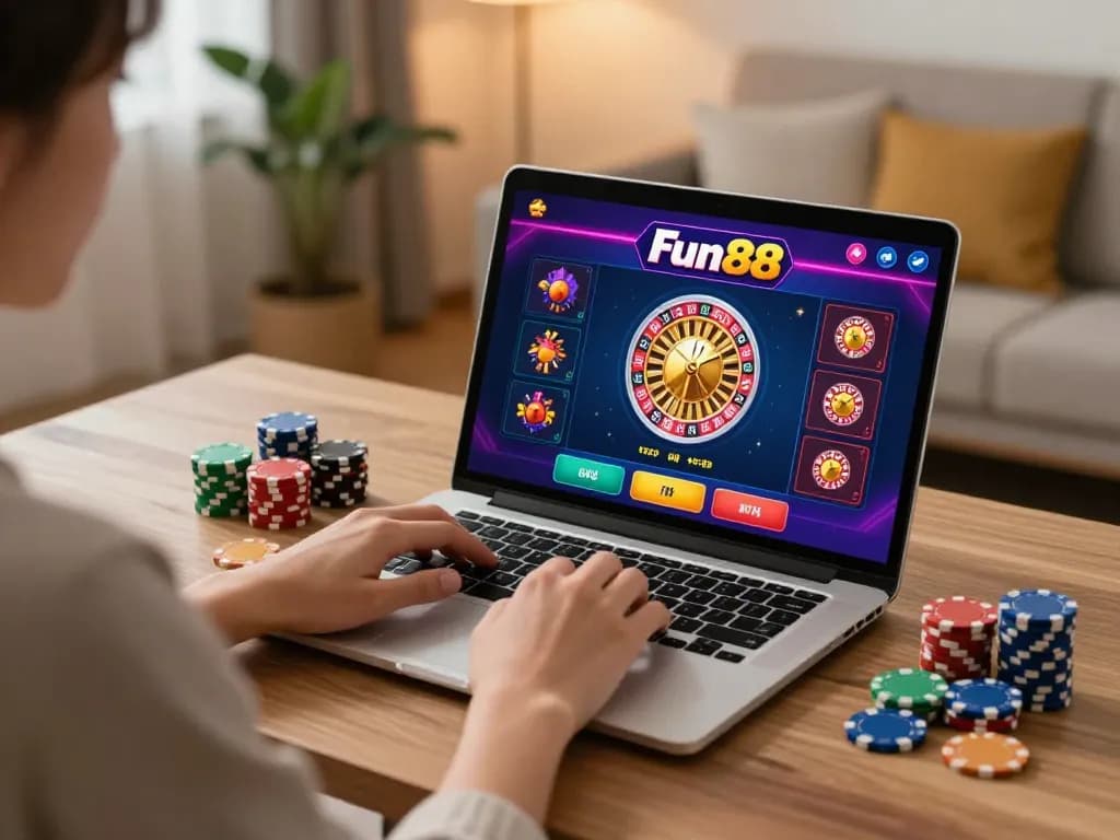 Play Fun88 games on a laptop in a cozy home setting with colorful roulette interface