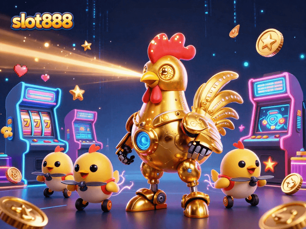 Asah keterampilan Anda di slot888 dengan robot ayam emas futuristik dan permainan slot penuh warna.