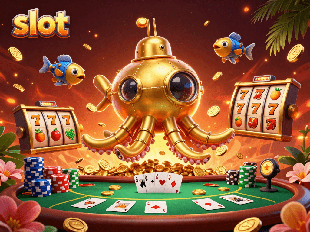 Spin the slot reels alongside golden kraken submarine and poker elements for a thrilling game experience.