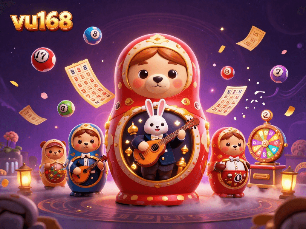 Experience exciting gameplay at vu168 with vibrant illustrations of casino games and iconic characters.