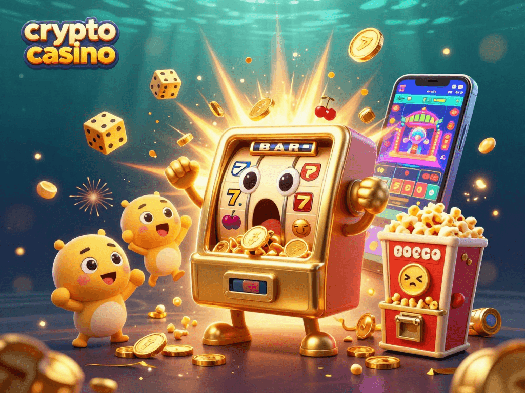 Engaging scene of a crypto casino with a joyful golden slot machine celebrating a jackpot, surrounded by baby slots and dynamic elements.