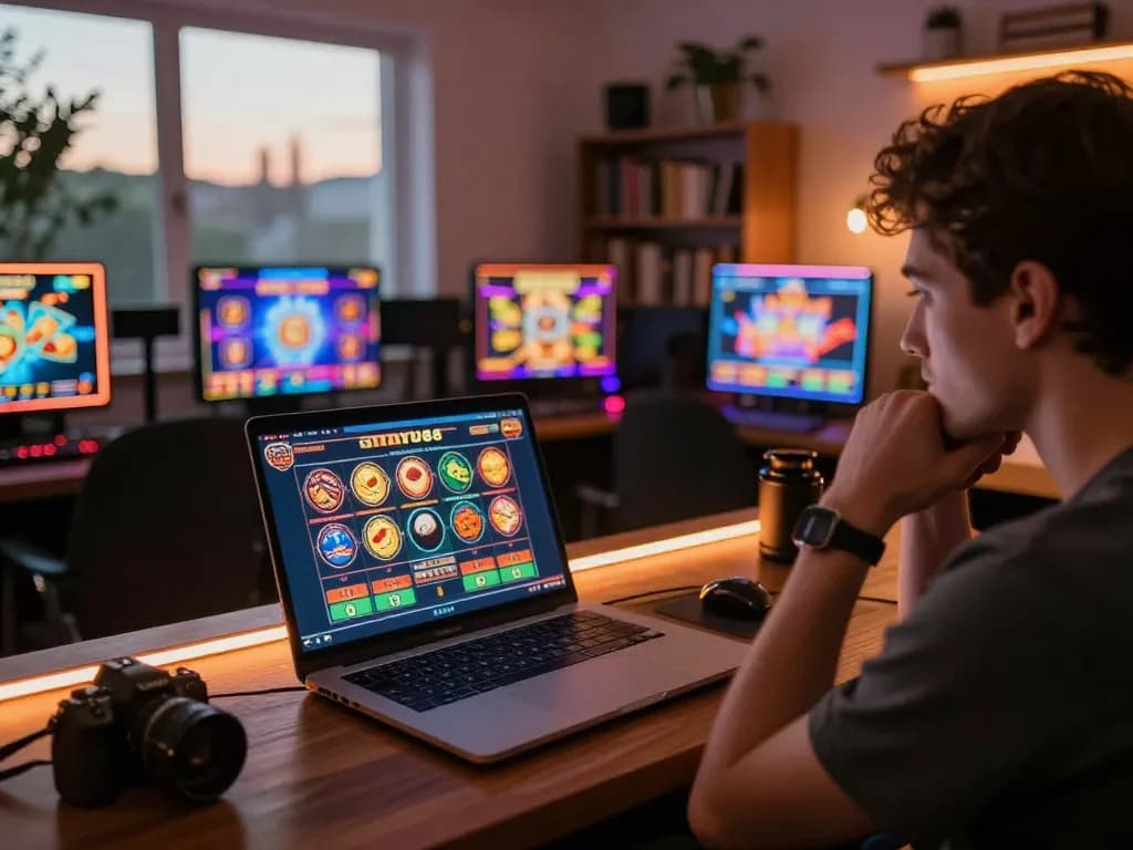 Pemain berinteraksi dengan slot online aman788, menganalisis antarmuka permainan dalam pengaturan permainan yang nyaman.