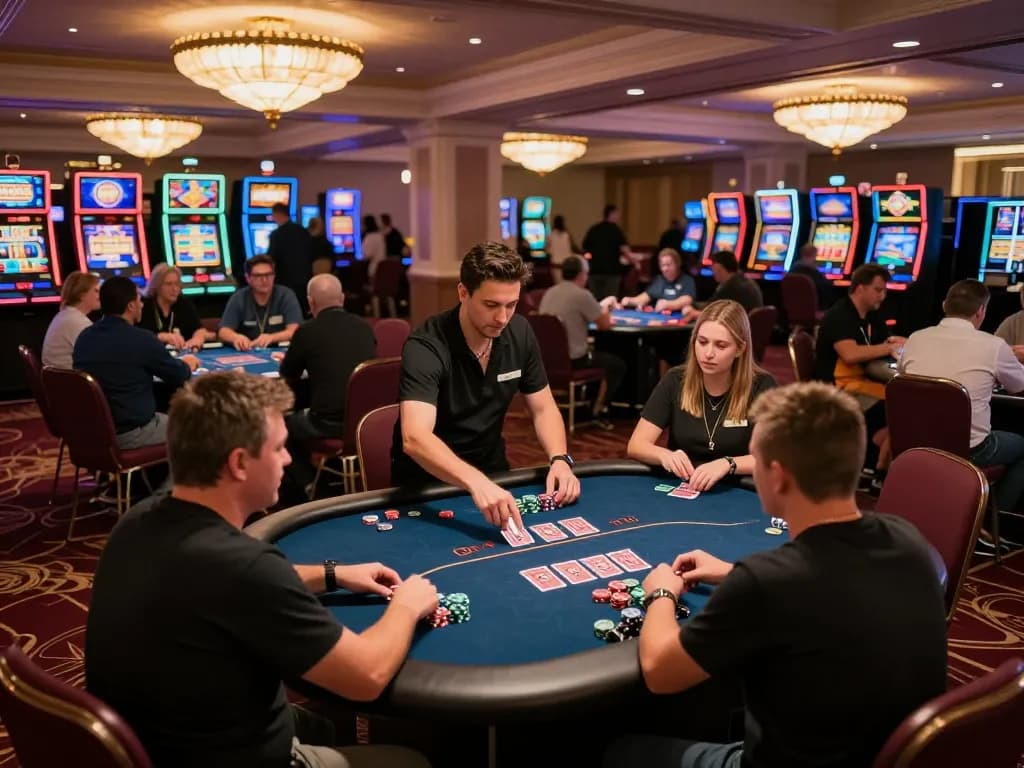 Kp88 casino scene showing players engaged at a poker table, vibrant gaming atmosphere.
