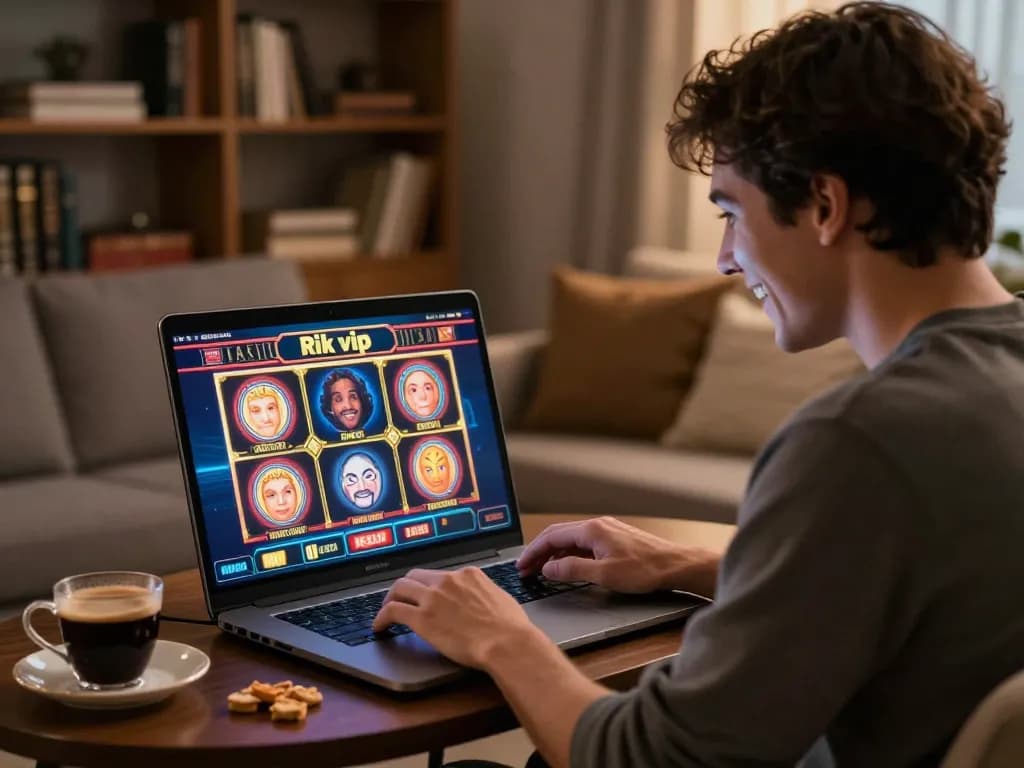 Playing slots on rik vip in a cozy home setting with snacks and drinks.
