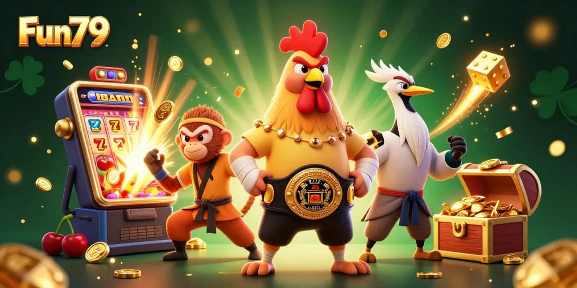 Fun79 casino scene featuring a rooster champion, martial artists, and dynamic game elements bursting with excitement.