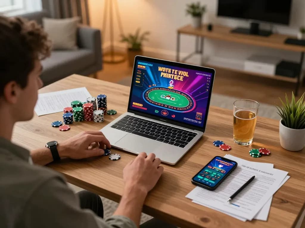 Player navigating 789F online poker game on laptop, cozy home gaming setup with strategic notes.