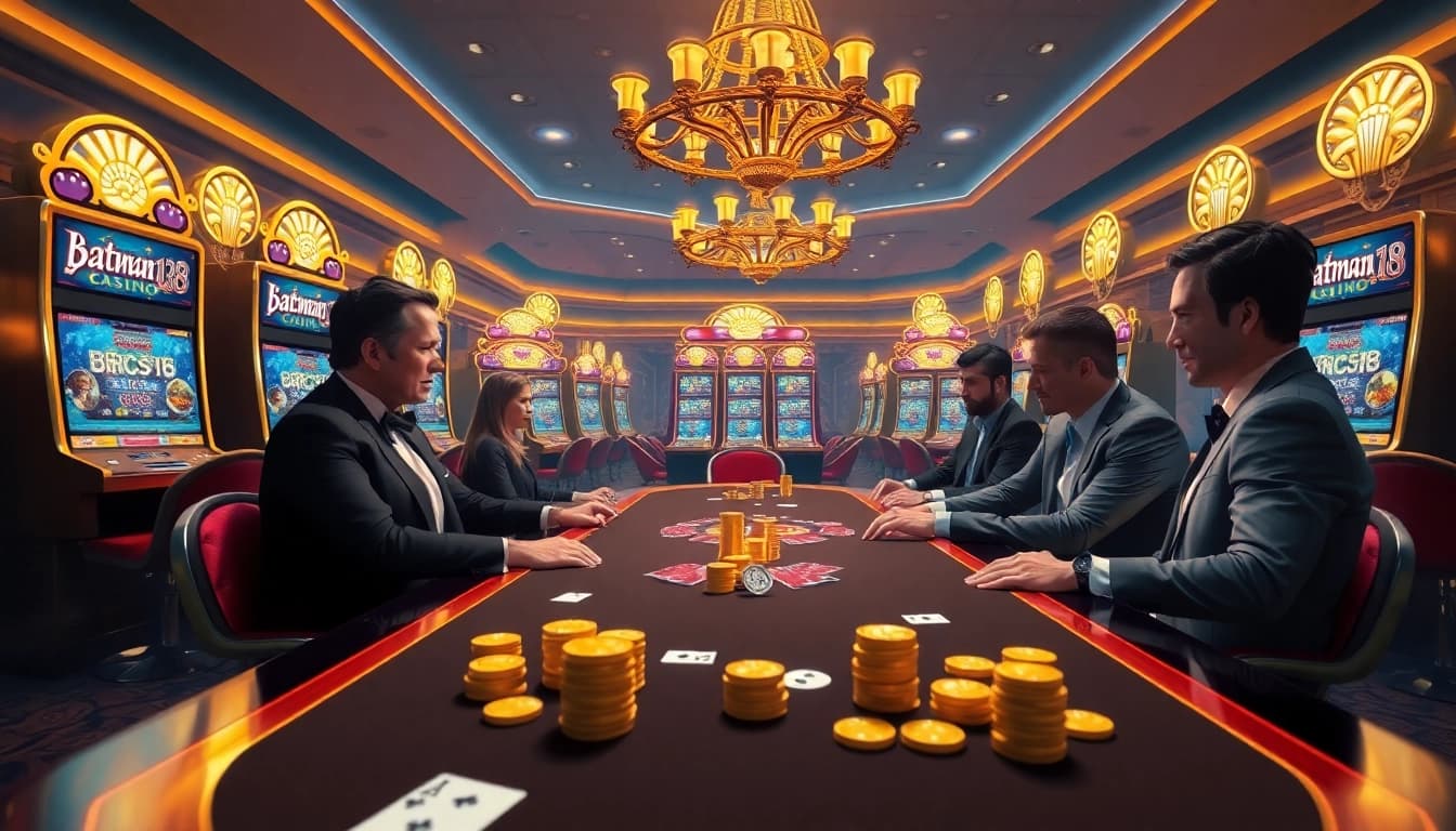 Experience thrilling gameplay at batman138 with elite players at a glamorous poker table surrounded by vibrant slot machines.