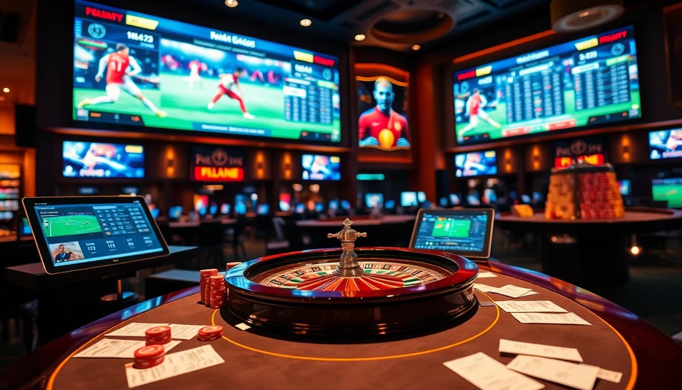 Mastering แทงบอลยังไง with a high-stakes betting scene showing roulette and sports odds.
