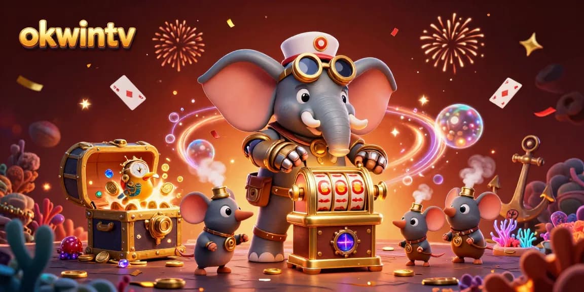 Spin the golden slot machine on okwintv while treasure bursts and confetti rains.