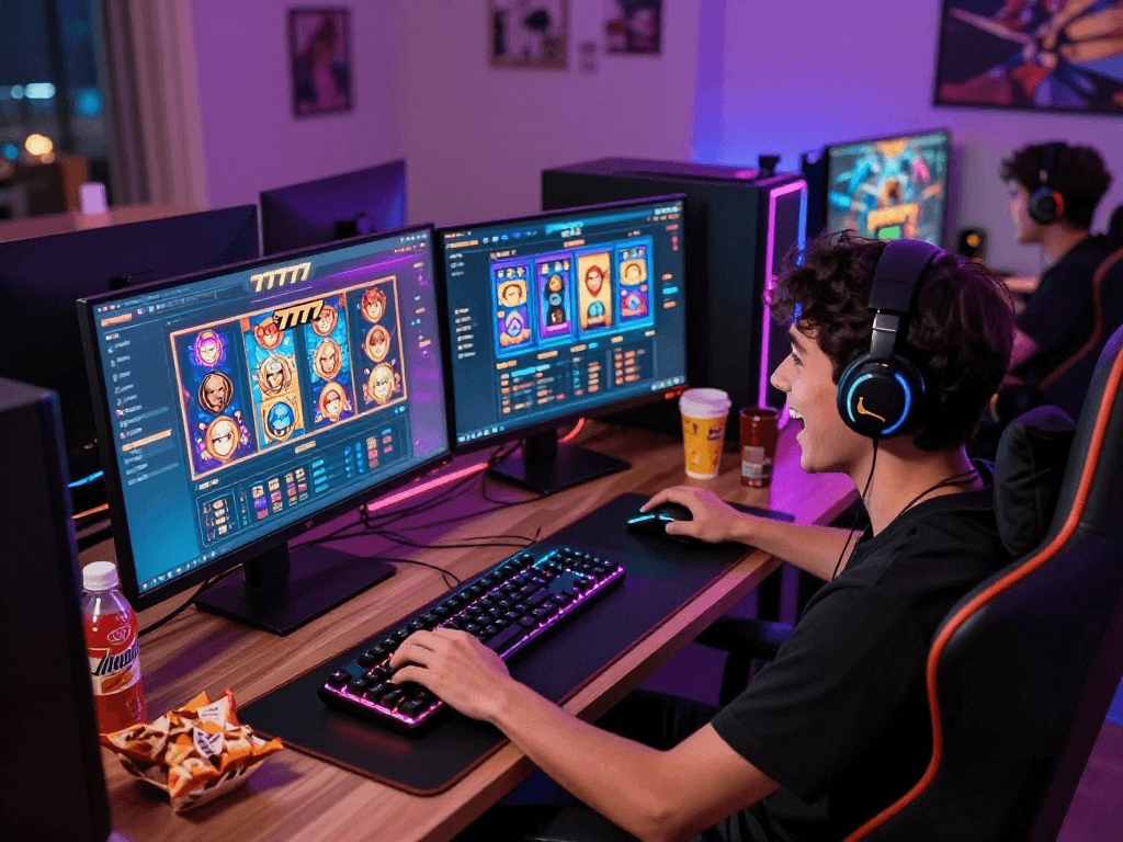Pengalaman bermain slot777 secara online dengan antusiasme di ruang gaming modern.