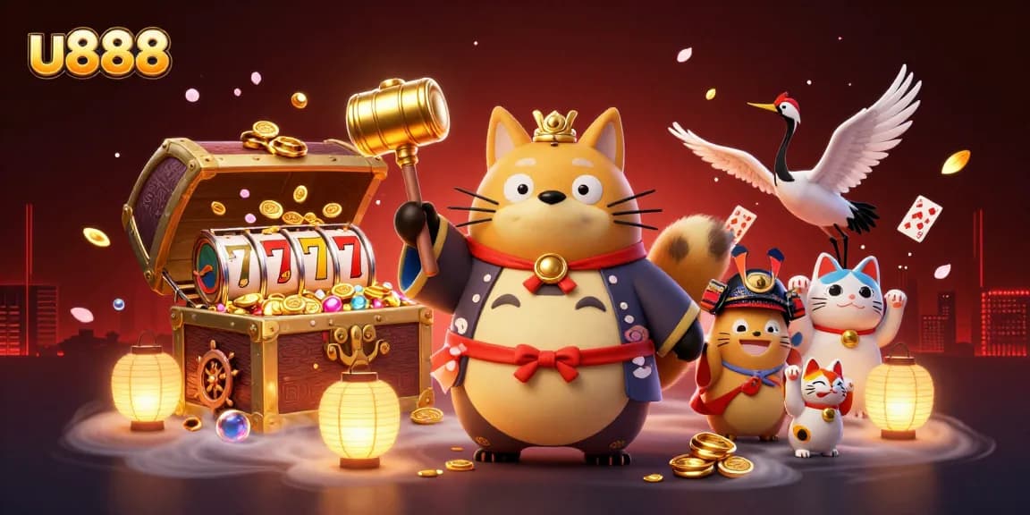 Win big with u888 slots, featuring a cheerful tanuki and lucky symbols in a dynamic casino scene.