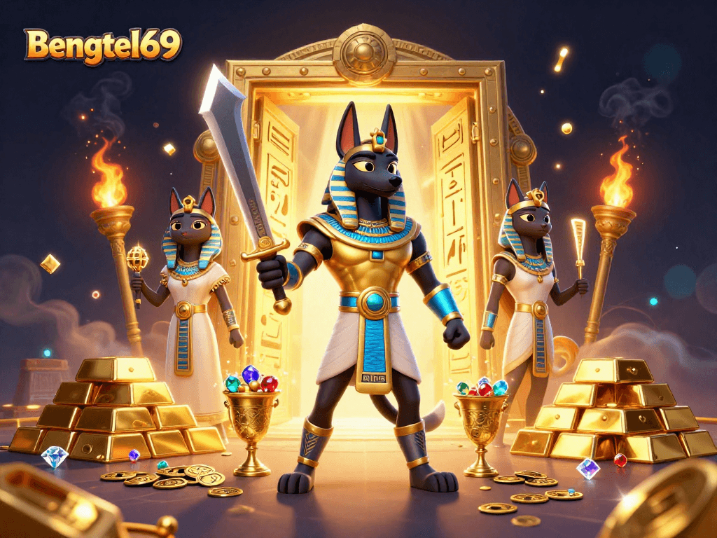 Bengkel69 showcases ancient Egyptian-themed casino illustrations with Anubis wielding gold treasures.