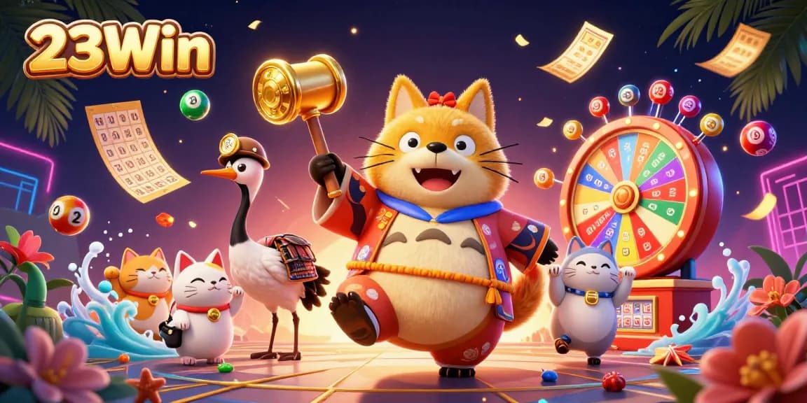 Experience thrilling gaming at 23Win with vibrant lottery elements and cheerful characters.