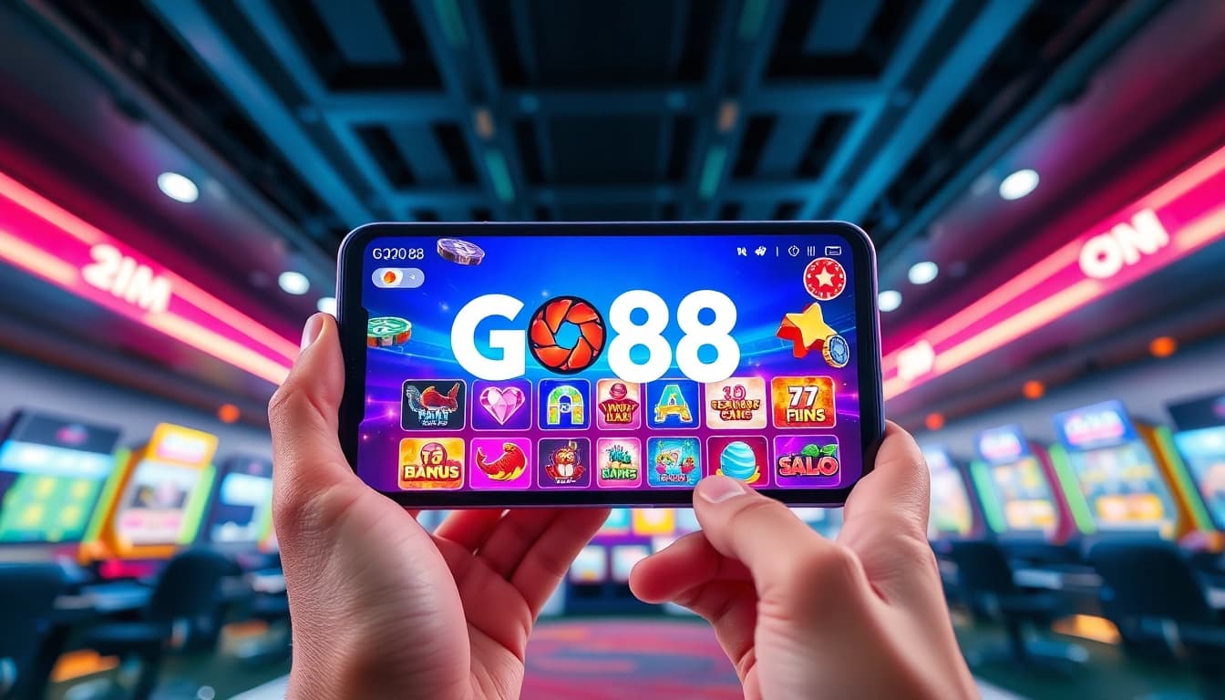 Tải GO88 interface on a smartphone, showing vibrant games and exciting features