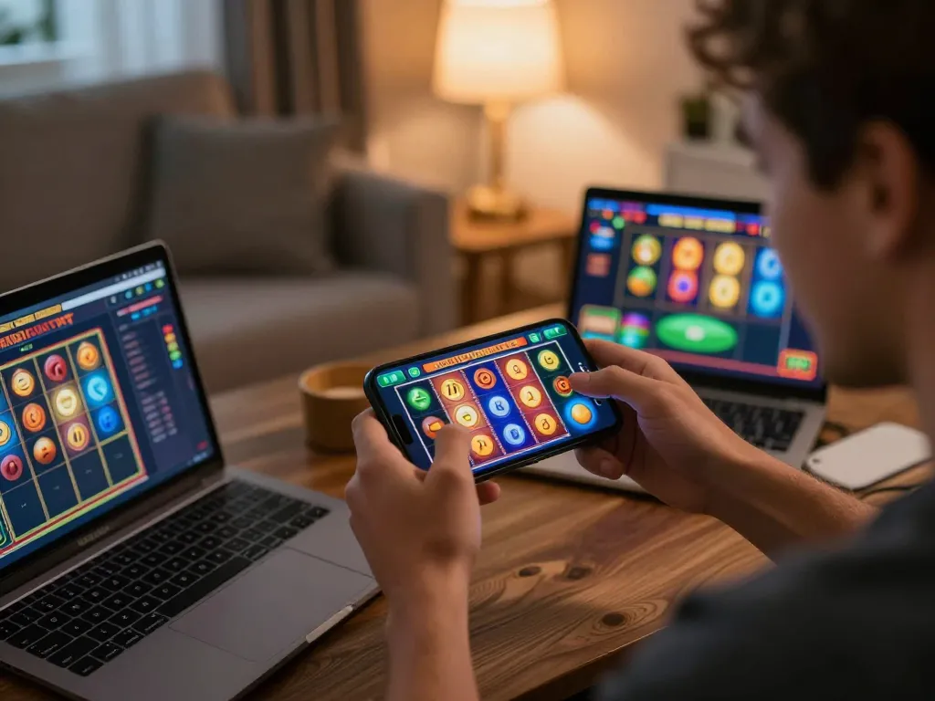 A player engaging in non gamstop slots on their smartphone, showcasing an exciting gaming moment at home.