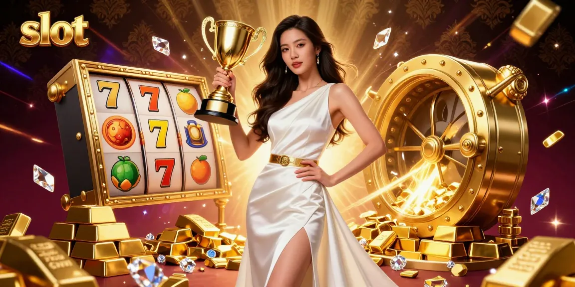 Experience slot excitement with dazzling gems and a triumphant woman holding a trophy.