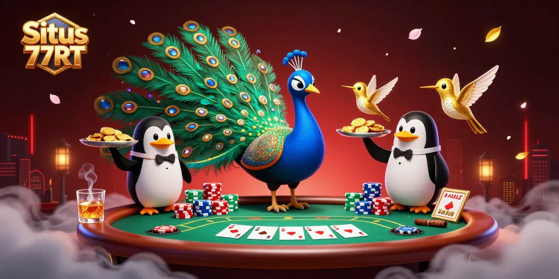 Situs 77RT showcases a vibrant poker scene featuring a peacock, butler penguin, and hummingbird amidst colorful chips.