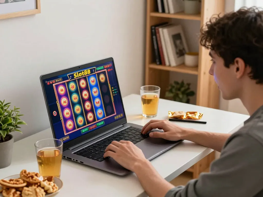 Engaging in Slot88 online gaming with vibrant visuals and focused gameplay experience at home.