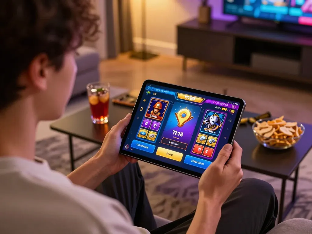 Engage in thrilling gameplay at TO188 with colorful casino graphics displayed on a tablet in cozy room