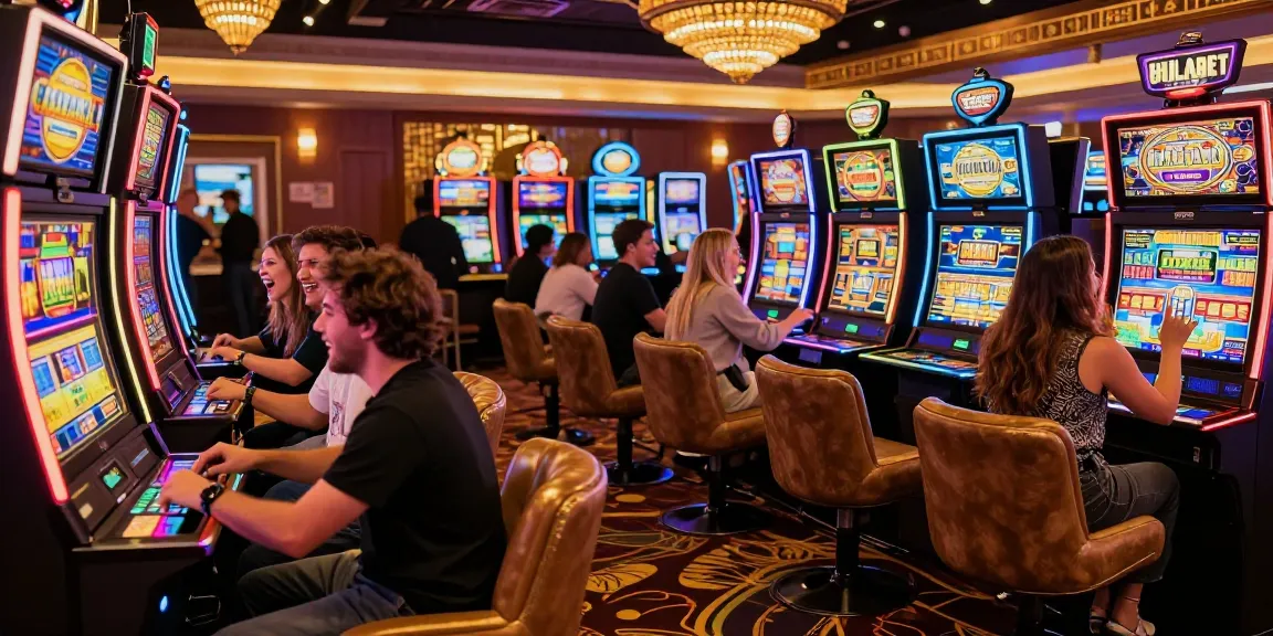 Keseruan bermain di situs slot gacor dengan permainan mesin slot yang berwarna-warni dan suasana kasino yang ramai.
