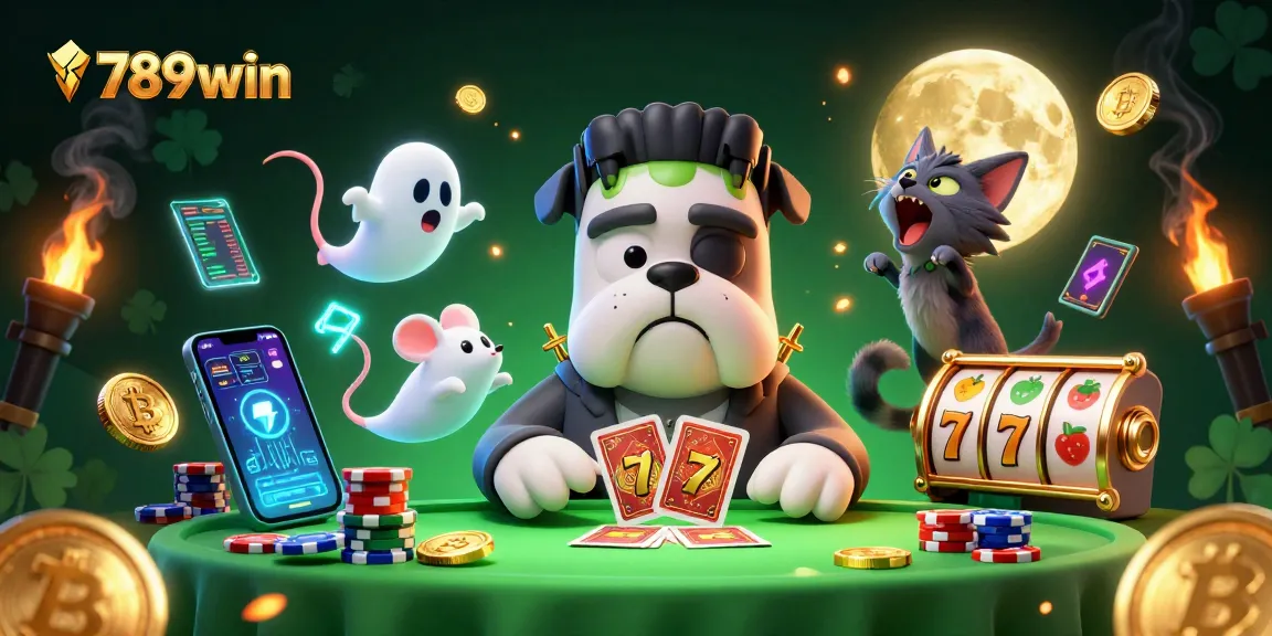 Engage with thrilling games at 789win, featuring a lively scene with unique characters, cards, coins, and casino elements.
