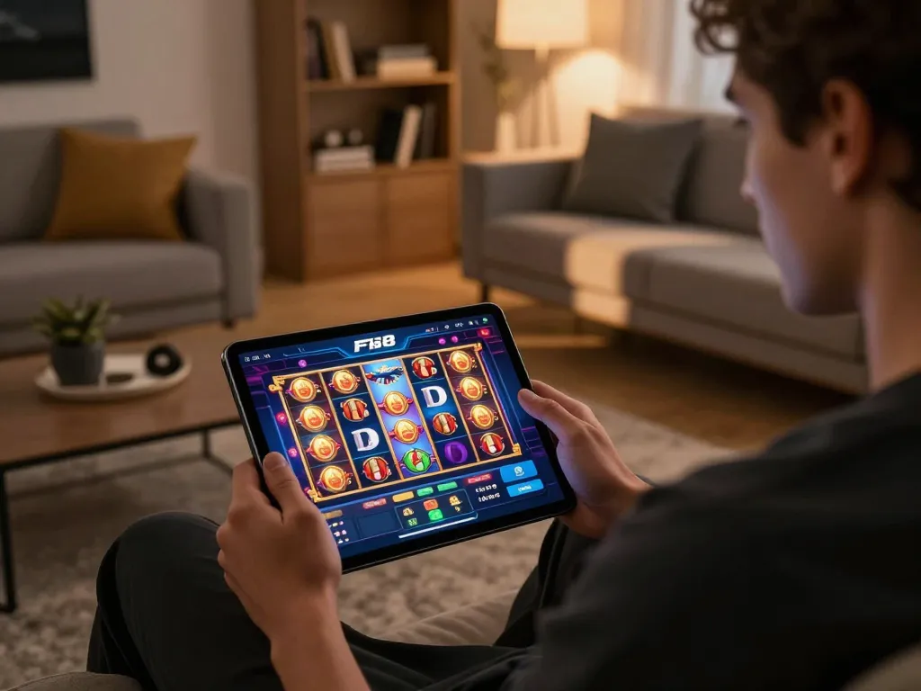 Player enjoying F168 casino app on a tablet in a cozy living room, preparing to spin exciting slots