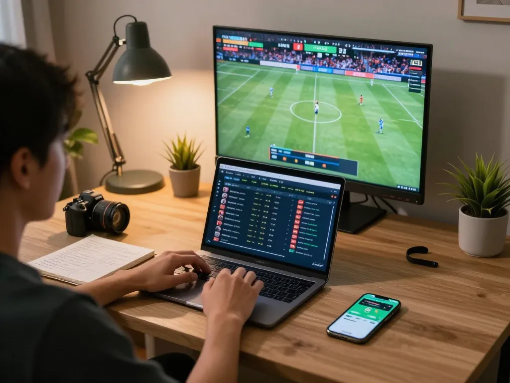 KÈO TRỰC TUYẾN betting action on a laptop, with a cozy home setup showcasing sports viewing and strategy