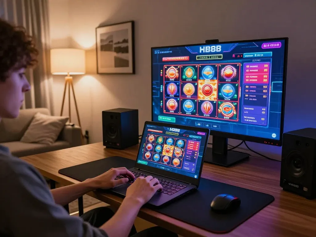 Person enjoying HB88 online casino gaming on a laptop in a cozy home setting