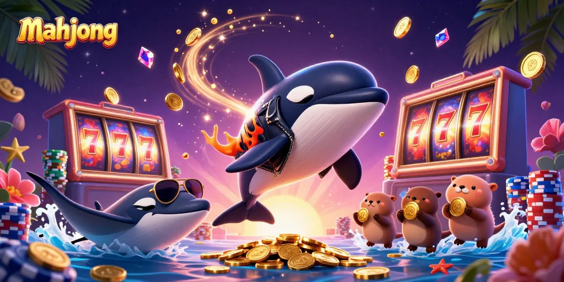 Engage with mahjong excitement in this vibrant scene featuring an orca, stingray, and otters with coins.