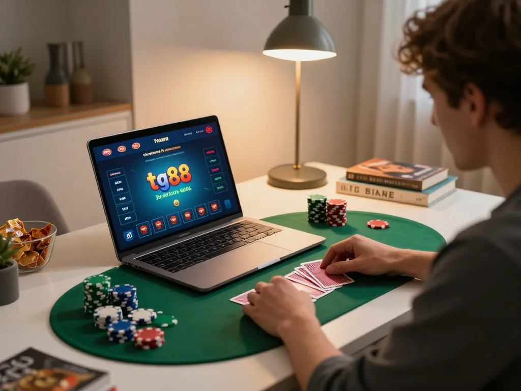 Player enjoying an online tg88 poker game at home, chips and cards visible in the scene.