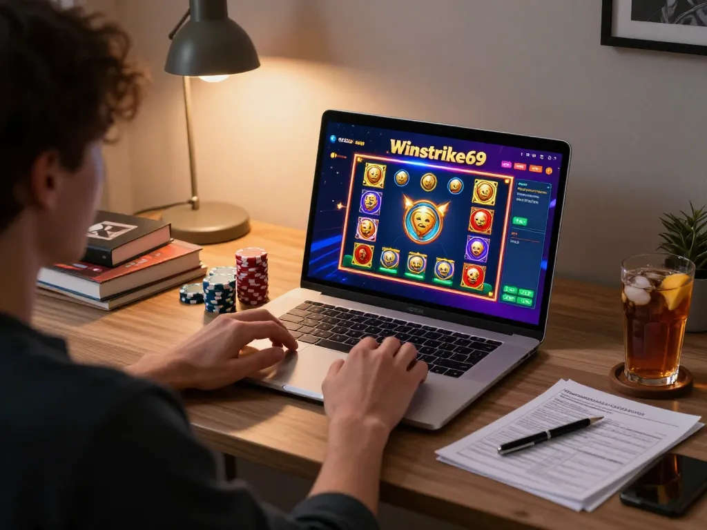 Winstrike69 online casino gaming with laptop and vibrant slot game interface in cozy home setting