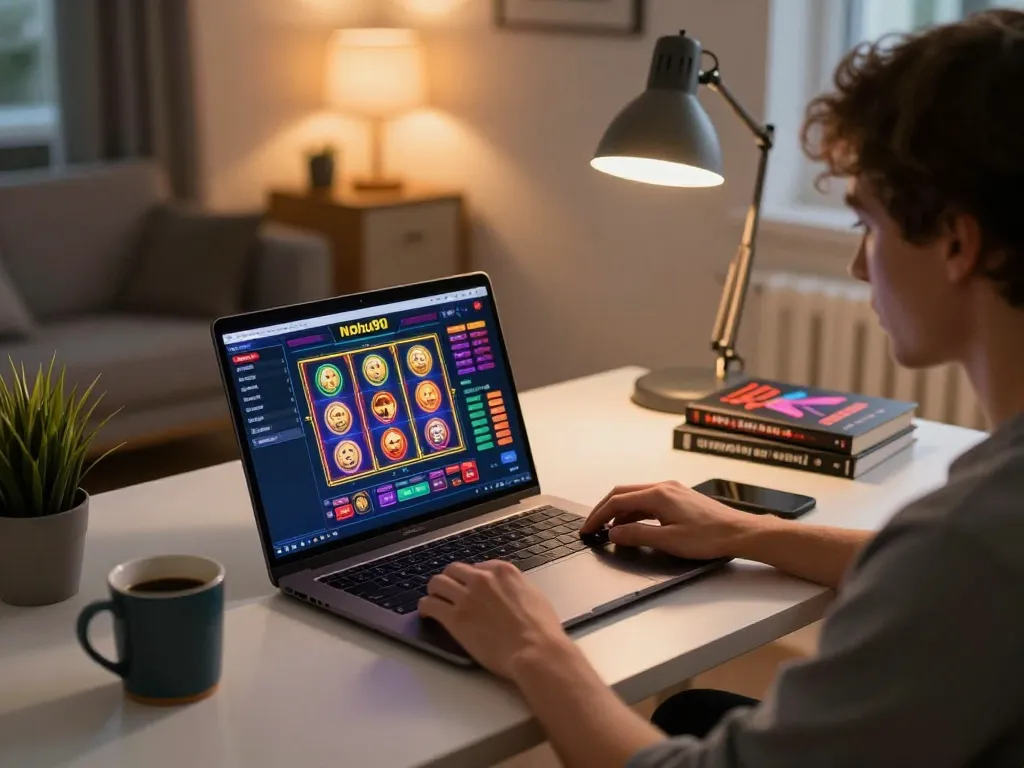 Nohu90 player engaging in online gaming while strategizing bankroll management in a cozy home office.