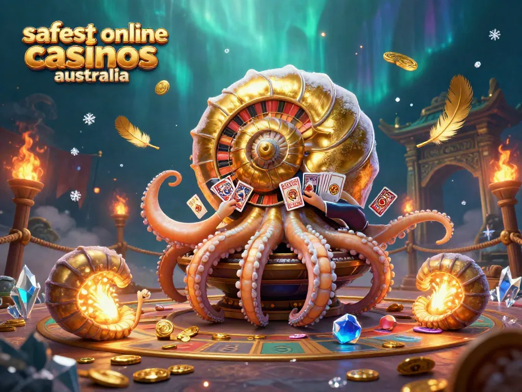 Engage with the safest online casinos Australia through this vibrant 3D casino scene featuring a nautilus roulette wheel, playing cards, and golden decorations.