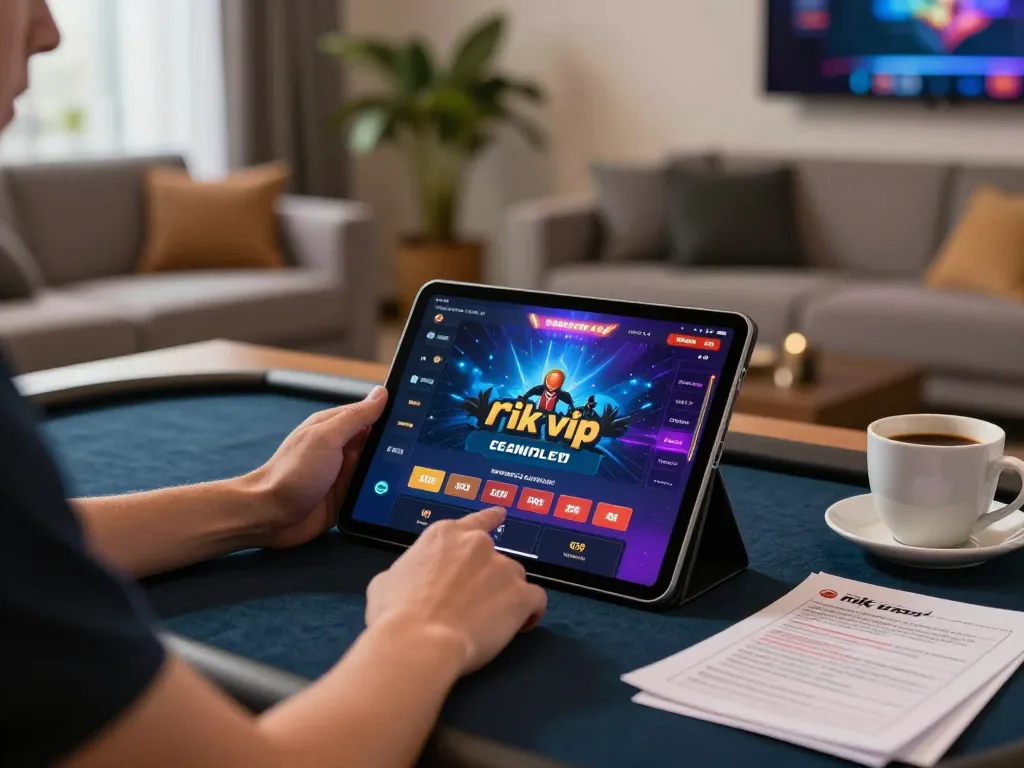 Engaging with rik vip gaming interface on tablet in a cozy home setting during online gambling.