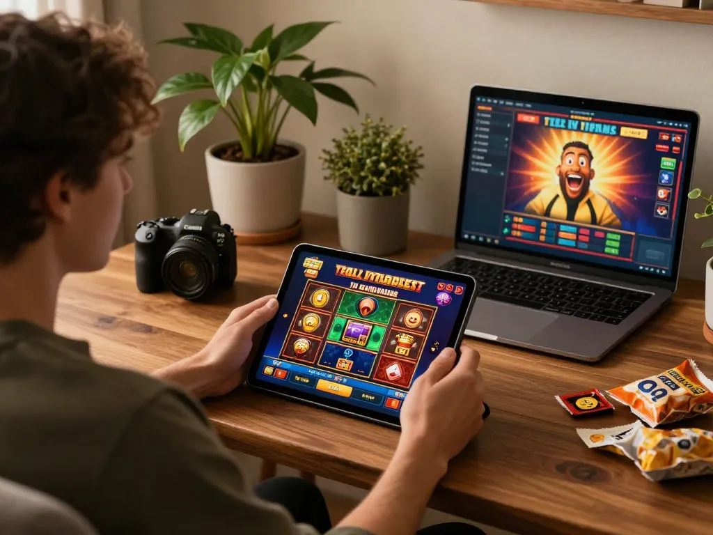 IDCASH88 jackpot winnings displayed on tablet in a cozy online gaming setup.