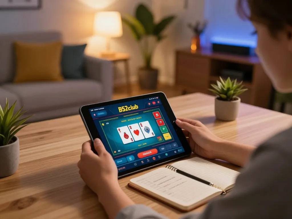 Engaged player exploring b52club on a tablet, showcasing online gaming in a cozy home setup.
